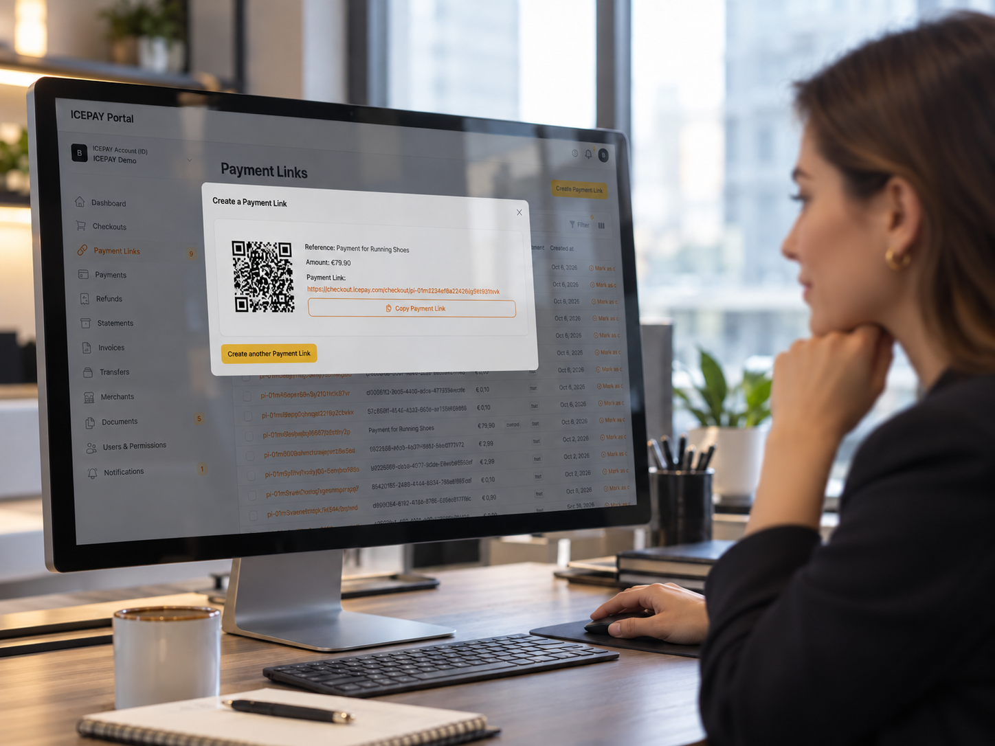 A person creating a payment link in the ICEPAY Portal on a desktop computer.